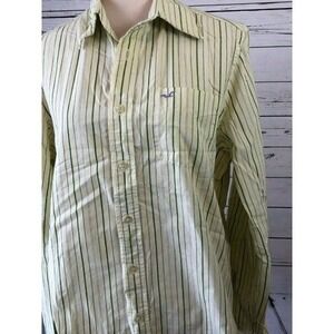 Hollister Button Down Shirt Large Yellow Green Striped Long Sleeve Mens Y2K 90s